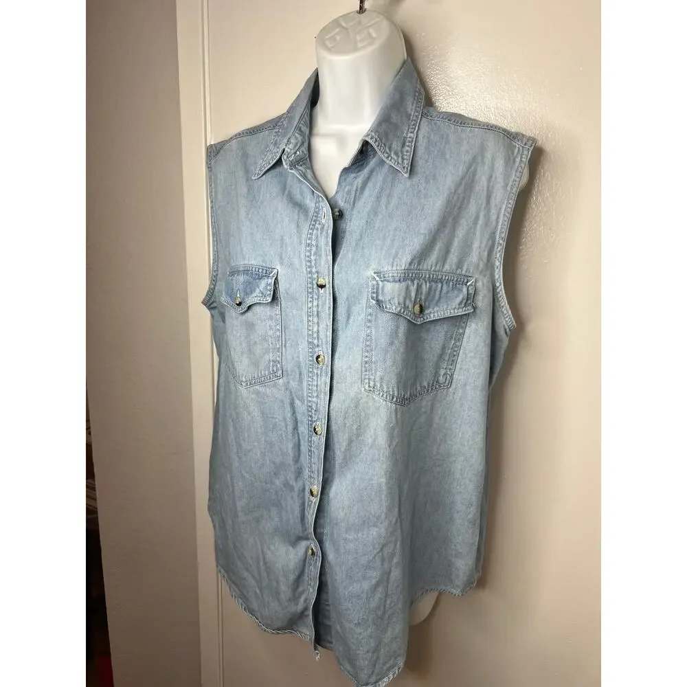 Vintage Kikomo Women's Sleeveless Chambray Shirt Blue ~ Size L